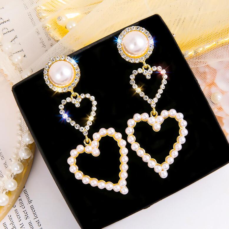 Pearl Rhinestone Drop Earrings — close-up detail